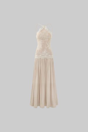 ROVENTE Embroidered Lace Halter Dress With Gathered Hem