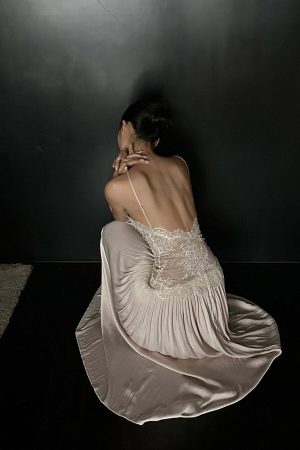 ROVENTE Embroidered Lace Halter Dress With Gathered Hem