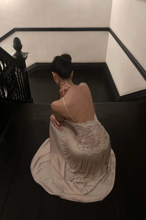 ROVENTE Embroidered Lace Halter Dress With Gathered Hem