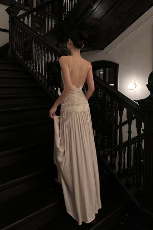 ROVENTE Embroidered Lace Halter Dress With Gathered Hem