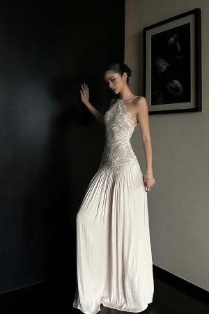 ROVENTE Embroidered Lace Halter Dress With Gathered Hem