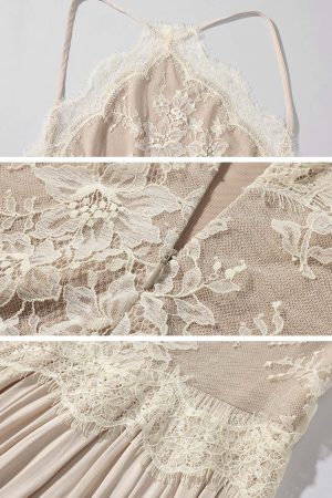 ROVENTE Embroidered Lace Halter Dress With Gathered Hem