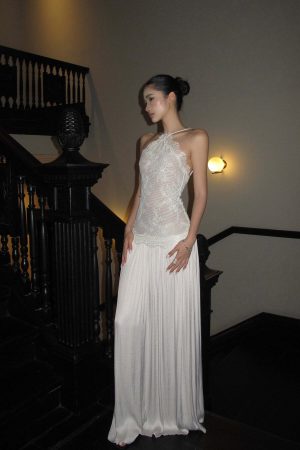 ROVENTE Embroidered Lace Halter Dress With Gathered Hem