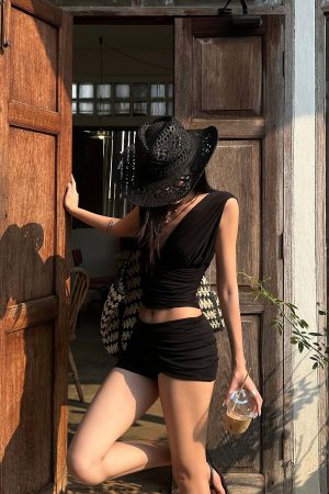 ROVENTE Gathered Tank & Mini Shorts Set in Black