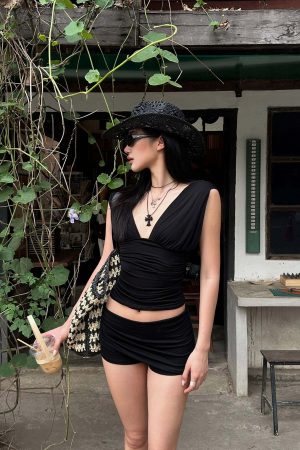 ROVENTE Gathered Tank & Mini Shorts Set in Black