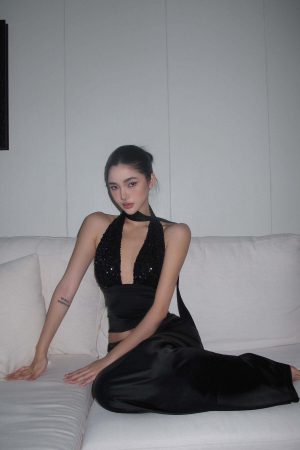 ROVENTE Halter Sequin Corset Top