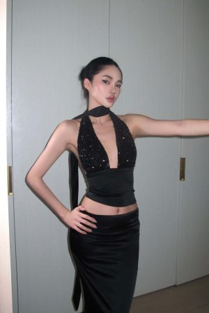 ROVENTE Halter Sequin Corset Top