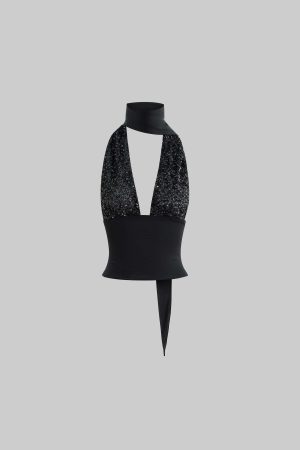 ROVENTE Halter Sequin Corset Top