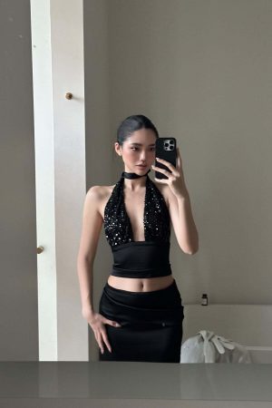 ROVENTE Halter Sequin Corset Top