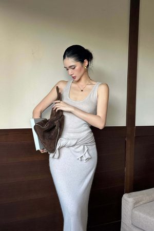 ROVENTE Knit Maxi Dress Two Piece Set with Drape Shawl