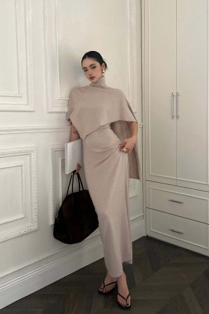 ROVENTE Knit Maxi Dress Two Piece Set with Drape Shawl