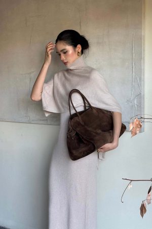 ROVENTE Knit Maxi Dress Two Piece Set with Drape Shawl