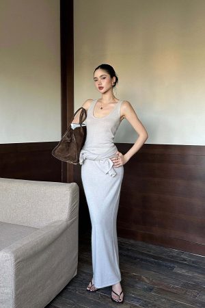 ROVENTE Knit Maxi Dress Two Piece Set with Drape Shawl