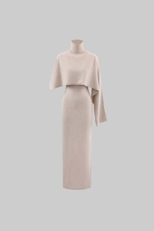 ROVENTE Knit Maxi Dress Two Piece Set with Drape Shawl