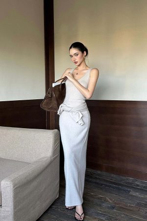 ROVENTE Knit Maxi Dress Two Piece Set with Drape Shawl