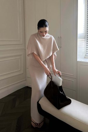 ROVENTE Knit Maxi Dress Two Piece Set with Drape Shawl