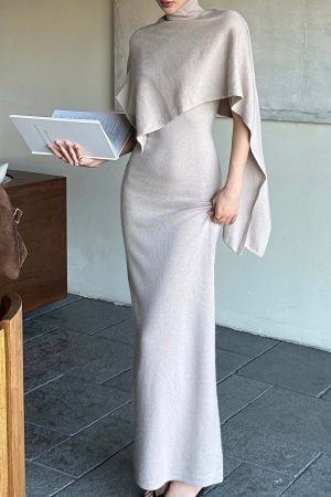 ROVENTE Knit Maxi Dress Two Piece Set with Drape Shawl