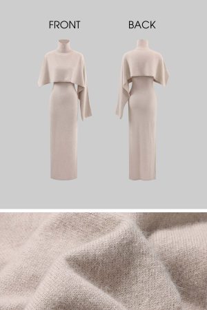 ROVENTE Knit Maxi Dress Two Piece Set with Drape Shawl