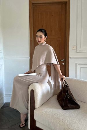 ROVENTE Knit Maxi Dress Two Piece Set with Drape Shawl