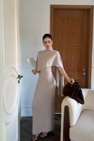 ROVENTE Knit Maxi Dress Two Piece Set with Drape Shawl