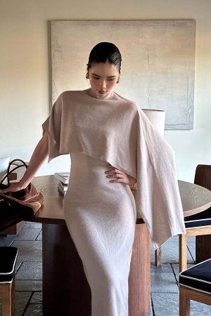 ROVENTE Knit Maxi Dress Two Piece Set with Drape Shawl