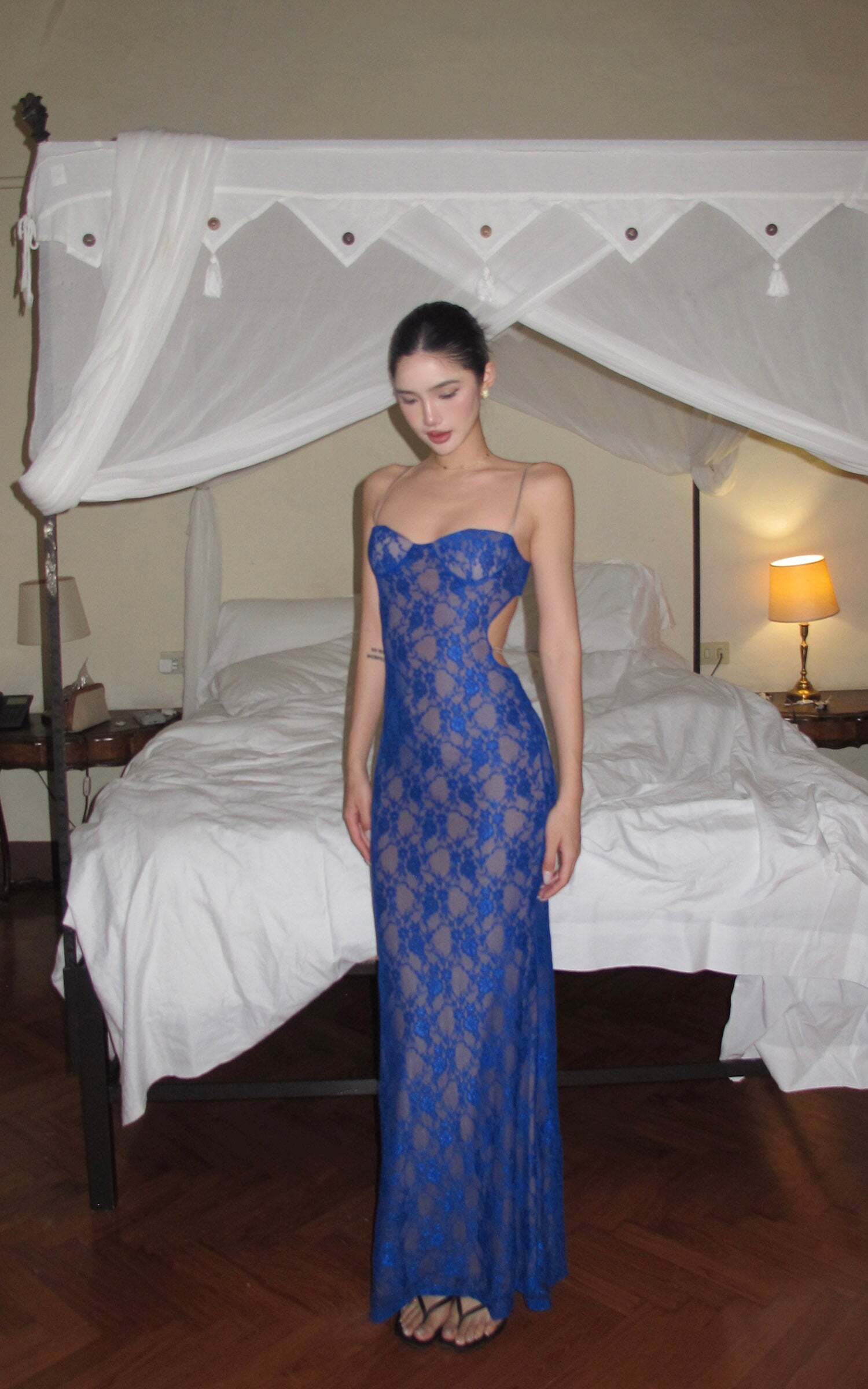 ROVENTE Lace Cutout Maxi Dress with Sheer Mesh and Slim Fit ROVENTE Lace Cutout Maxi Dress with Sheer Mesh and Slim Fit