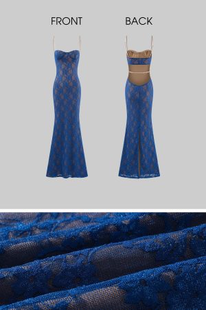 ROVENTE Lace Cutout Maxi Dress with Sheer Mesh and Slim Fit