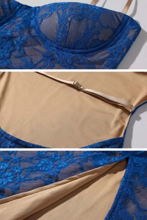 ROVENTE Lace Cutout Maxi Dress with Sheer Mesh and Slim Fit