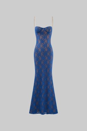 ROVENTE Lace Cutout Maxi Dress with Sheer Mesh and Slim Fit