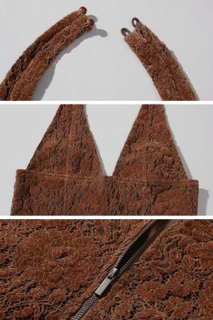 ROVENTE Lace Halter Top in Brown Velvet