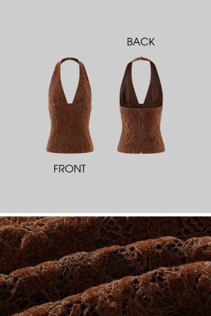 ROVENTE Lace Halter Top in Brown Velvet