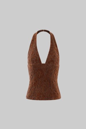 ROVENTE Lace Halter Top in Brown Velvet