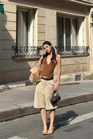 ROVENTE Lace Halter Top in Brown Velvet