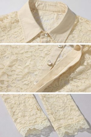ROVENTE Lace Sheer Shirt with Collar and Long Sleeves