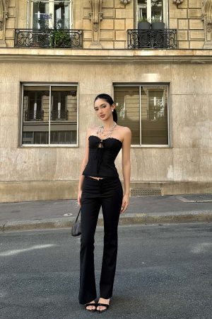 ROVENTE Lace Trim Corset Top and Flared Pants Set