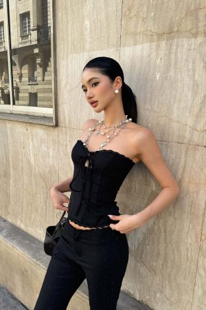 ROVENTE Lace Trim Corset Top and Flared Pants Set