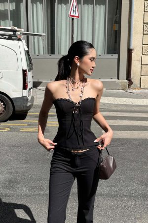 ROVENTE Lace Trim Corset Top and Flared Pants Set