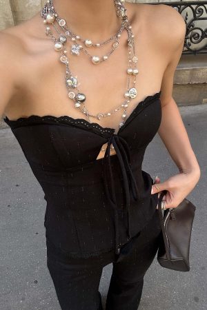 ROVENTE Lace Trim Corset Top and Flared Pants Set