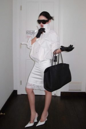 ROVENTE Lace Trim Satin Skirt Slim Midi