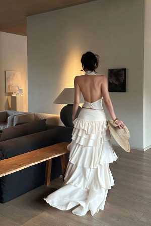 ROVENTE Layered Ruffle High-Low Skirt in Vanilla Cream