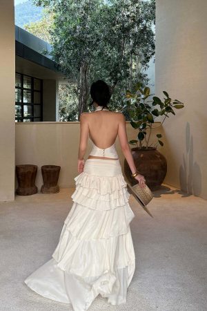 ROVENTE Layered Ruffle High-Low Skirt in Vanilla Cream