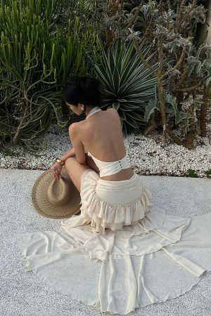 ROVENTE Layered Ruffle High-Low Skirt in Vanilla Cream