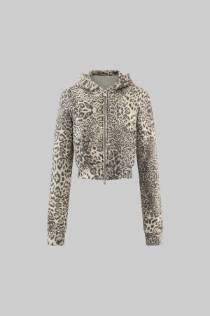 ROVENTE Leopard Print Cropped Zip Hoodie