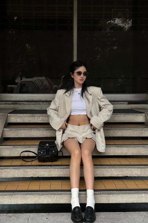 ROVENTE Linen-Blend Blazer & Pleated Mini Skirt Set