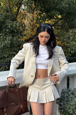 ROVENTE Linen-Blend Blazer & Pleated Mini Skirt Set