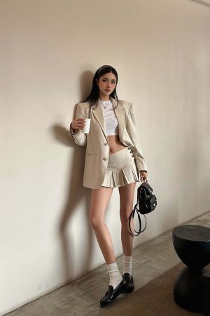 ROVENTE Linen-Blend Blazer & Pleated Mini Skirt Set