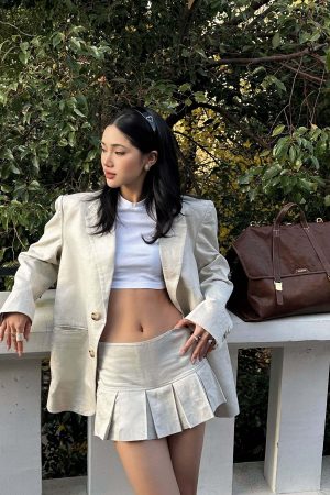 ROVENTE Linen-Blend Blazer & Pleated Mini Skirt Set