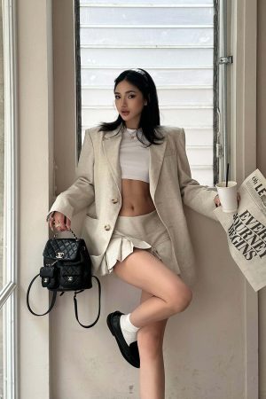 ROVENTE Linen-Blend Blazer & Pleated Mini Skirt Set