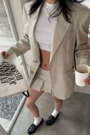 ROVENTE Linen-Blend Blazer & Pleated Mini Skirt Set