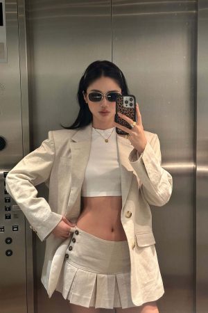 ROVENTE Linen-Blend Blazer & Pleated Mini Skirt Set